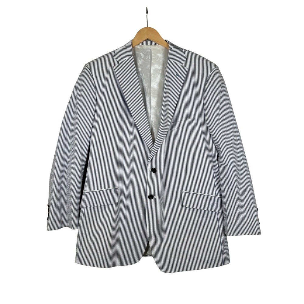 Men's Blue and White Seersucker Jacket Sports Coat Blazer Two Button 46